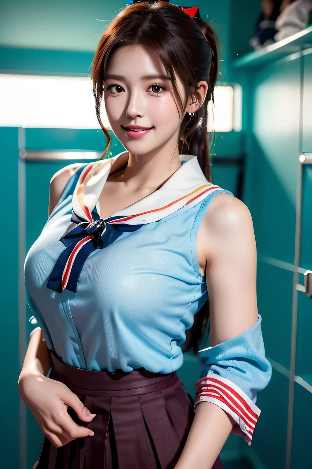 (((locker room))),(((Change clothes in the changing room:1.3))),(((clothes on hangers:1.3))),(((Sailor suit))),(((Pleated skirt revealing skin))),(Dark red bow tie:1.3),Cute face,Extreme close up of face,Shiny light brown and orange striped short hair,Messy ponytail,Cute Smile,Perfect round face,iris,(hairpin、ponytail、Floating Hair、),Large Breasts.Professional Lighting,Cinematic Light,(Tabletop,highest quality,Ultra-high resolution output images,) ,(8K quality,),(Ocean Art 2.0 Mode:1.3),(Picture Mode Ultra HD,)