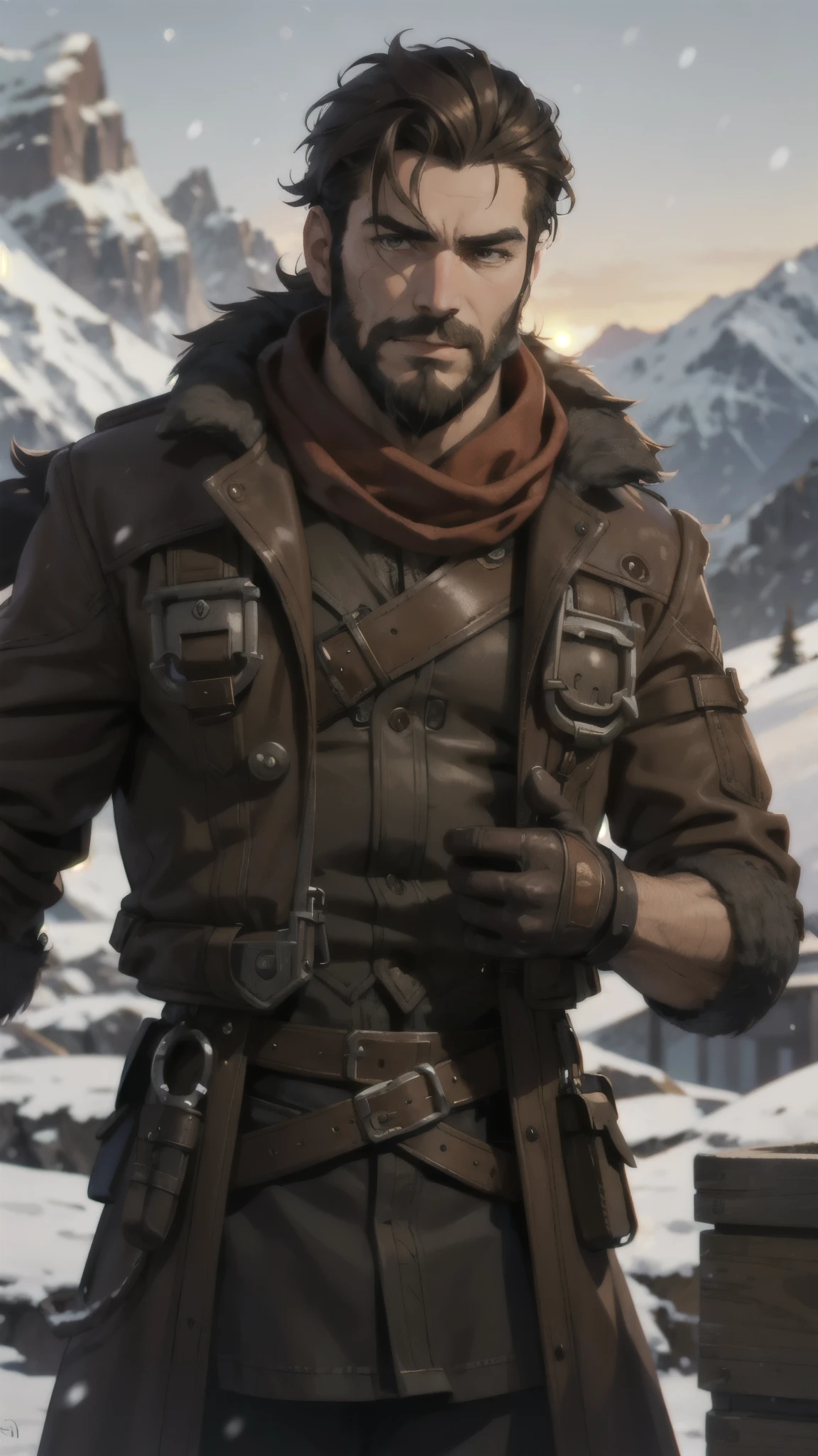 steampunk male, steampunk mechanic, rugged face, red fur scarf, brown hair and beard, detailed face, early morning, snowy mountains, depth of field, blurry background
