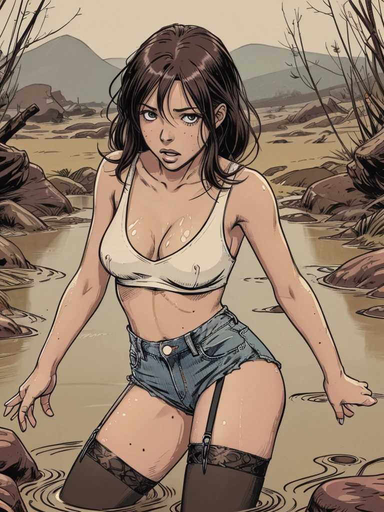 vector image, close-up, anime, junior girl, gloomy orgasm,blush, black stockings with garters:1.2,,denim shorts, crop-top,drowned in quicksand bog,red
