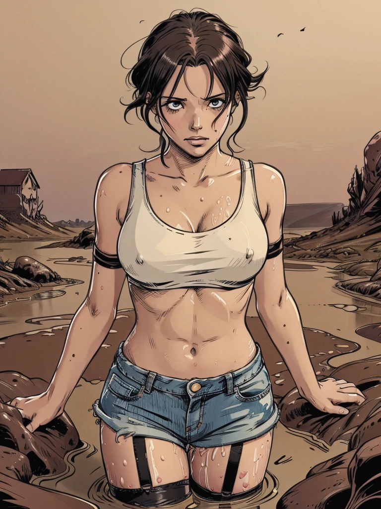 vector image, close-up, anime, junior girl, gloomy orgasm,blush, black stockings with garters:1.2,,denim shorts, crop-top,drowned in quicksand bog,red