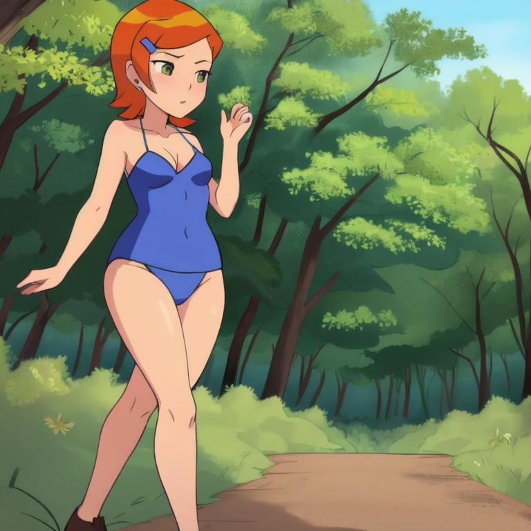 claasicgwen walking in a bikini on a forest trail