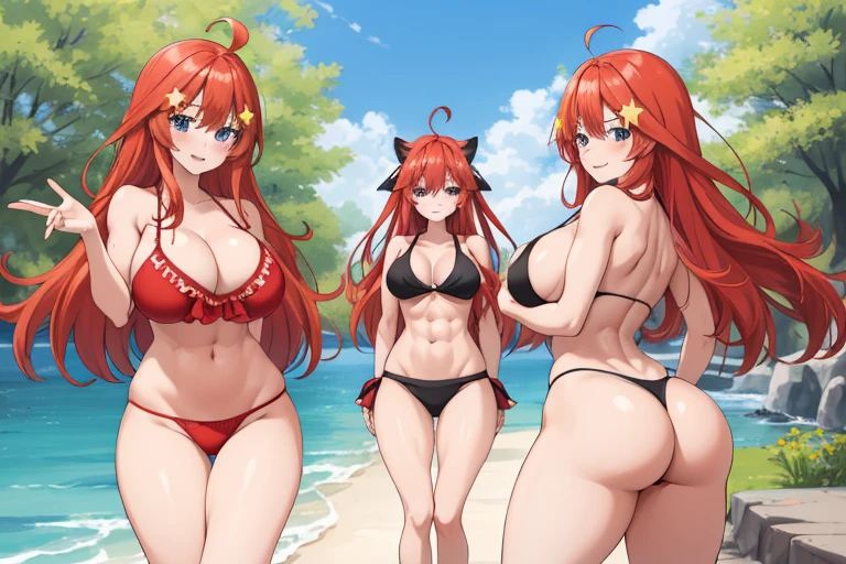 2d, masterpiece, best quality, anime, highly detailed, 5 girl, photo of 5 girl, quintuplets, nakano itsuki, red hair, long hair, star hair ornament, ahoge, large breasts, spa, red bikini, outdoors, smile, sexy body, perfect body, abs muscular, belly button, side breasts, back of thigh, breast size comparison, breast fight, breasts pressing, breasts pressed together, pairing a character with their own self, underboob, lots of breasts, breast sumo, full body, t-back thong, no bikini
