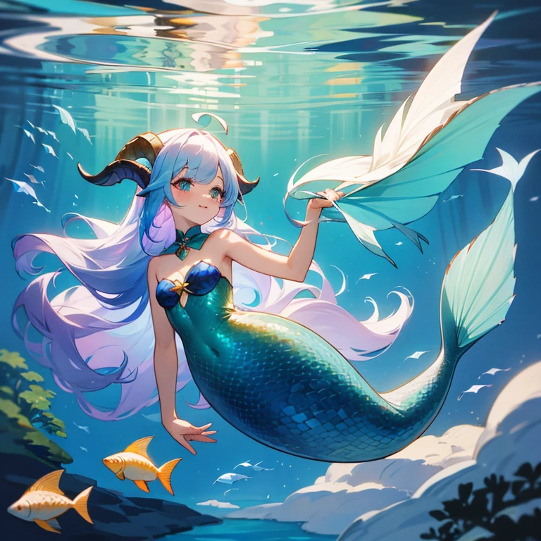 Mermaid tail goat, cute goat with fish tail.