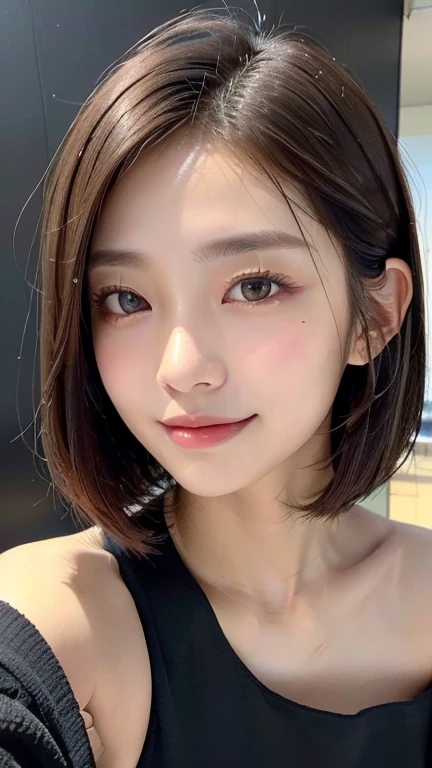 (((Close-up of face)))、(((Absolutely shoulder-length brown straight short bob)))、(((She is posing like a hair salon model, with a black wall indoors as the background.)))、(((Casual black winter long sleeve outfit)))、Half Japanese, half Korean、18 year old girl、Standing Alone、Looking forward、Light eye makeup、Brown Hair Color、Flat and 、Hair blowing in the wind、Actress Quality、Glossy, ultra-realistic face、Smiling face、Watery eyes、Gazing Up、Subtle lighting effects、 Ultra-Realistic Capture、Very detailed、High resolution 16K close up of human skin。Skin texture must be natural、The details must be such that pores can be clearly seen、The skin is healthy、Uniform tone、Use natural light and colors、A worn-out, high-quality photo taken by a model agency's in-house photographer.、smile、(((SIGMA 300 mm F/1.4,1/1000 sec shutter,ISO 400)))