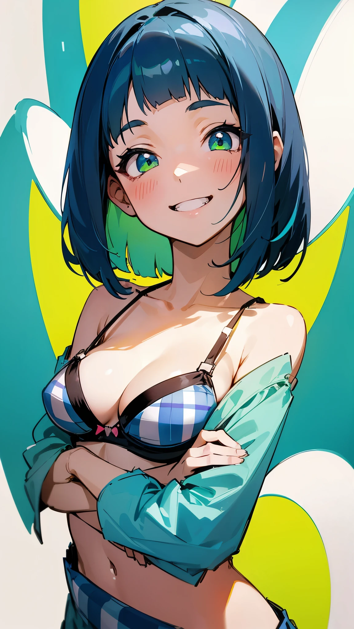 1 girl、anime painting、Dark blue hair、Bobcut、Beautiful green eyes、Grin、Vibrant colors、black and white tube top bra、Gingham check tube top bra、My chest is a little visible、was happy、Fold your arms in front of your chest、Looks like a lot of fun