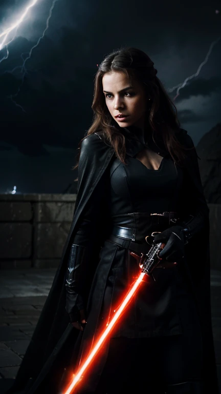 (best quality,highres:1.2),ultra-detailed,realistic:1.37,powerful Sith Lord,captivating portrayal,padme almidala,blazing red lightsaber,strikes through a Jedi,mesmerizing gaze,long flowing hair,pitch black cloak flowing behind her commanding presence,force lightning crackling around her,sinister aura,surrounded by darkness,ominous atmosphere,fierce determination,intense energy,evil incarnate,dark side of the force,master of manipulation,deceptive and cunning,dominating the battlefield,sith symbol prominently displayed,dark force powers unleashed,iconic and unforgettable,vivid colors,deep shadows,dramatic lighting,showdown of light and darkness,clash of good and evil