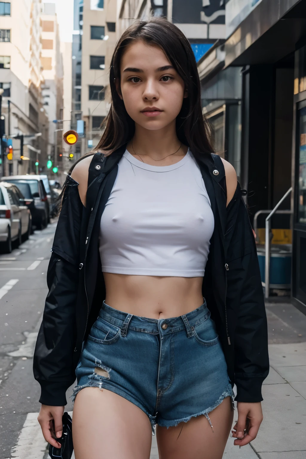 cybernetic in the middle of a city, with a ripped uniform showing signs of battle, just hanging on by threads