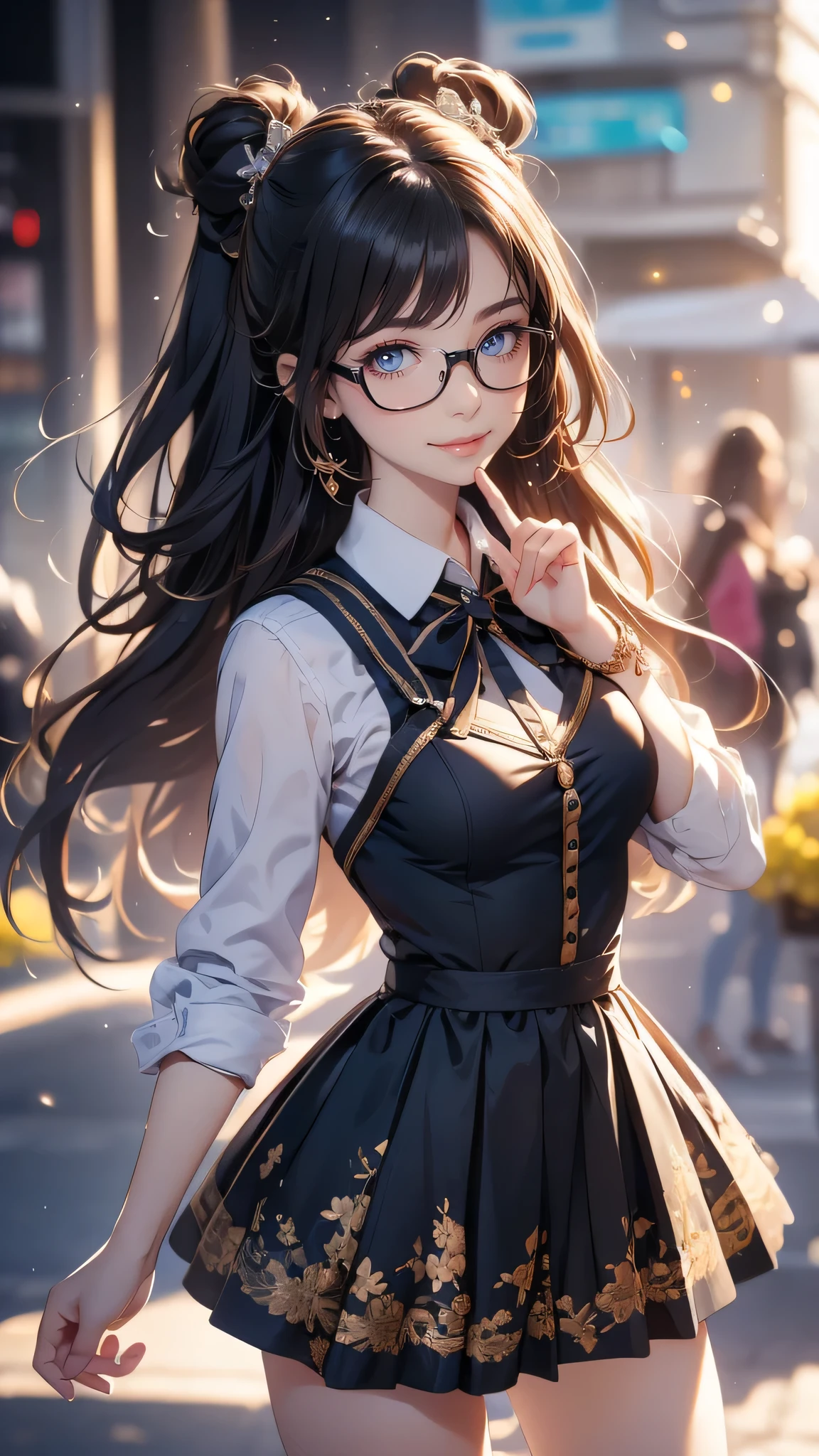 looking at viewer,high school girl,leaning forward,(random cute clothes),(random Lively pose),(Thin type),(large breasts),(random hairstyle),(Highest image quality, (8K), Ultra-realistic, Best Quality, High quality, High Definition, high quality texture, high detailing, Beautiful detailed, fine detailed, extremely details CG, Detailed texture, realistic representation of face, masterpiece, presence),(wearing glasses:1.1)