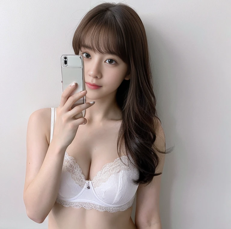 nsfw, (wearing Bra top, panties:1.4), (selfie shot:2), 1girl, {breast focus:1.7}, breasts, cleavage, (close-up:breast), collarbone, denim, jewelry,navel, solo,(from above),(small breasts:1.3), Top quality, 1 beautiful Japanese woman, ,high school student,(18 years old),bob cut, (brown hair:1.2), Ultra-realistic capture, Highly detailed, High resolution 16k close-up of human skin. Skin texture must be natural, With such detail that pores can be finely identified. Skin should look healthy, In a uniform tone. Use natural light and color,