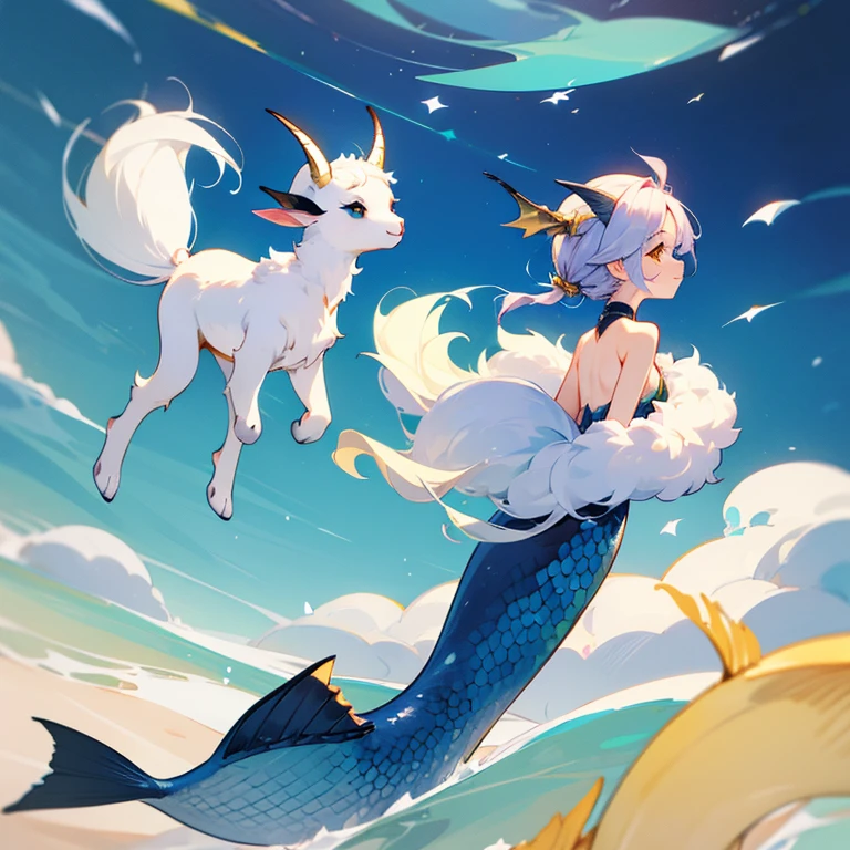 Cute goat-looking creature with a mermaid-like tail and fins where their usual two back legs should be, animal capricorn.
