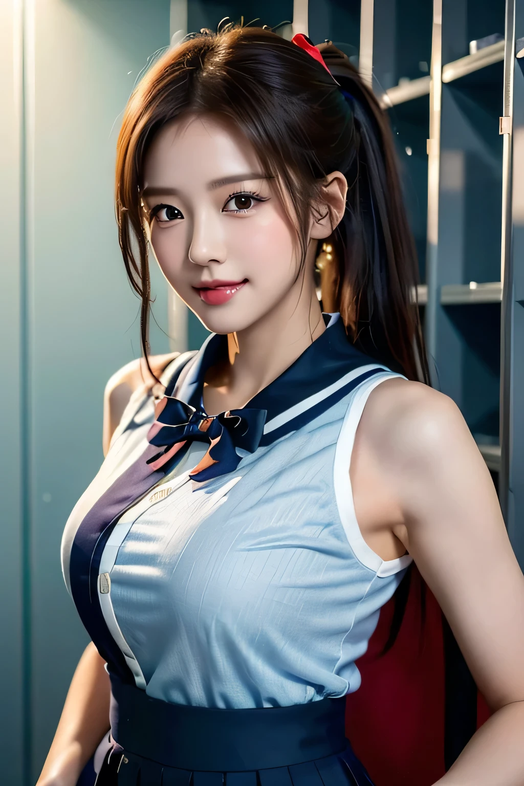 (((locker room))),(((Change clothes in the locker room:1.3))),(((clothes on hangers:1.3))),(((Sailor suit))),(((Pleated skirt revealing skin))),(Dark red bow tie:1.3),Cute face,Extreme close up of face,Shiny light brown and orange striped short hair,Messy ponytail,Cute Smile,Perfect round face,iris,(hairpin、ponytail、Floating Hair、),Large Breasts.Professional Lighting,Cinematic Light,(Tabletop,highest quality,Ultra-high resolution output images,) ,(8K quality,),(Ocean Art 2.0 Mode:1.3),(Picture Mode Ultra HD,)