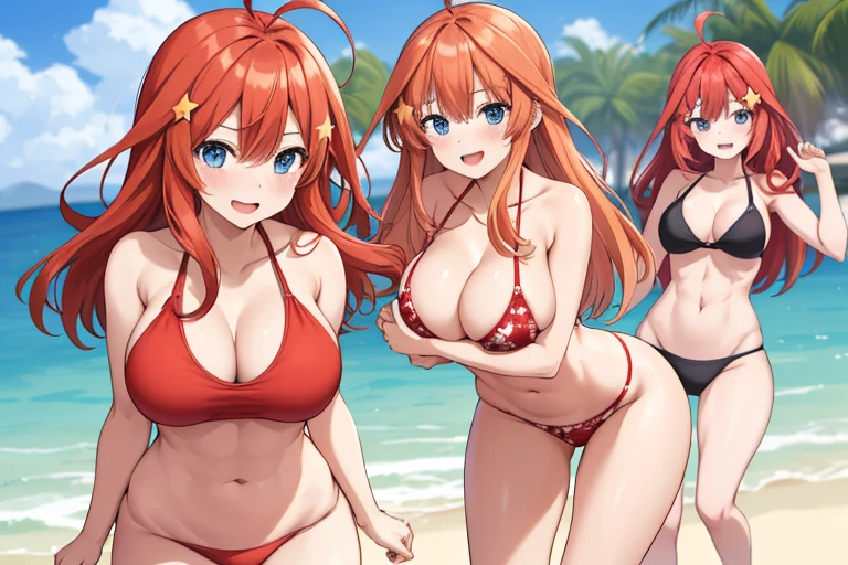 2d, masterpiece, best quality, anime, highly detailed, 5 girl, photo of 5 girl, quintuplets, nakano itsuki, red hair, long hair, star hair ornament, ahoge, large breasts, spa, red bikini, outdoors, smile, sexy body, perfect body, abs muscular, belly button, side breasts, back of thigh, breast size comparison, breast fight, breasts pressing, breasts pressed together, pairing a character with their own self, underboob, lots of breasts, breast sumo, full body, t-back thong, no bikini 