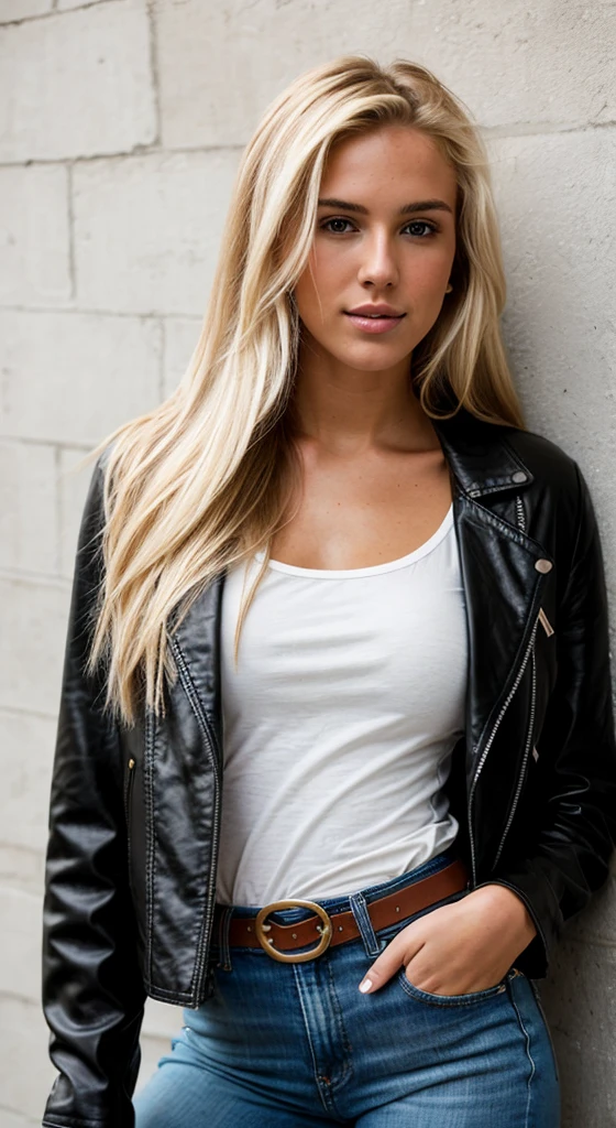 A 23 year old blonde woman, ((big breasts)), ((hyperrealism)) ,. Blonde hair with light brown roots. blonde hair, Hair with brown roots, extra long hair, very long hair, very long hair, very long hair, very long hair, very long hair, very long hair, beautiful, front view, take a photo, Photo taken, full body, in wearing a black leather jacket, white t-shirt, and fit jeans with a stylish belt, with a low-cut top, photo at the leaning against the wall, high quality, Nikon D850 film stock photograph Kodak Portra 400 camera f1.6 lens, full body, sexy body, sexy body.