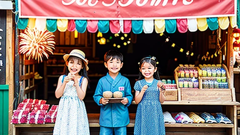 Countryside summer festival、Gion Festival、Opening a store、stall、firework、firework大会、The kids、Cute  