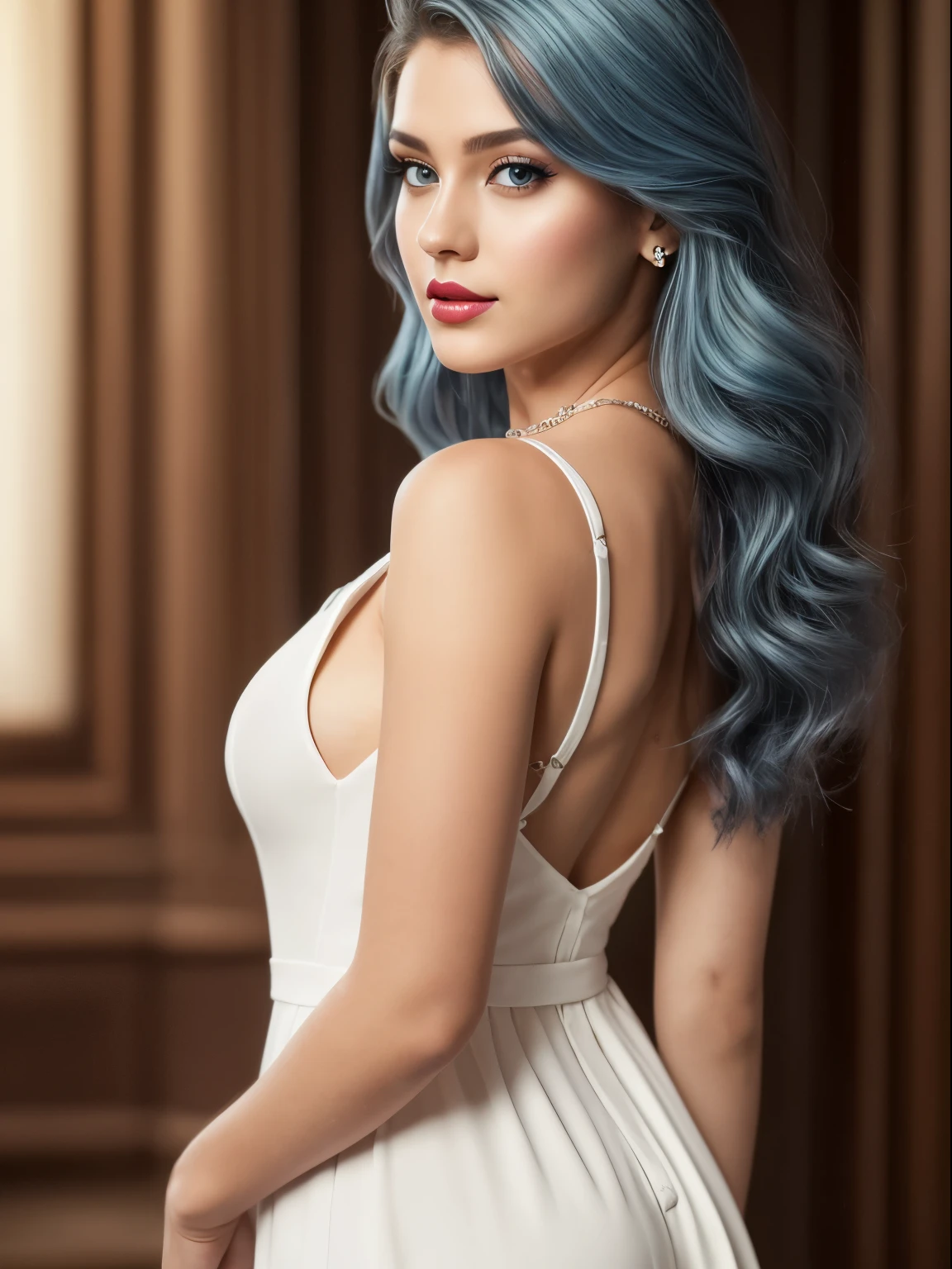 (Best quality,8K,A high resolution,Masterpiece:1.2, DSLR, 16k ),Ultra-detailed,(Realistic,Photorealistic,photo-realistic:1.37),Portrait, Creative style artwork, Historical, classical, Sophisticated, plethora of colors ,Highly detailed, Soft lighting, luxurious environment , black dress, there is young woman , girl wearing a red classy royal dress, performing a music video, slim fit (oval perfect shape, asymmetrical face structure, perfect proportion, almond eye type, hazal eye color, detailed eyes, blue hair color, 32 inch breasts, hourglass figure, slim body, pale white skin tone ,sexy girl, 25 years old, soft wavy hair, looking away, attitude expression, professional makeup, pink lips)