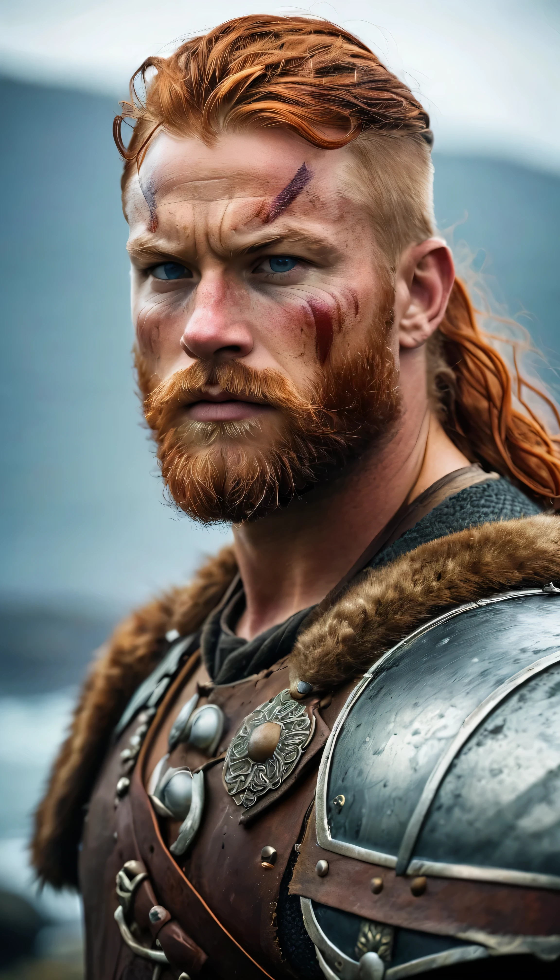 A redheaded man with intricately sculpted scars on his skin、Dressed in traditional Viking attire that accentuates his strong, muscular physique、Stands proud in a brutal Viking setting。His serious and determined expression、It speaks to his indomitable spirit.、His beard adds to his rugged look.。The RPG&#39;s art style incorporates fantasy elements.、Detailed textures and rich colors、Bring your scenes to life with intricately rendered, high-resolution 8K images。Sharp focus and dramatic cinematic lighting、Enhanced realism and depth、Immerse viewers in the raw power and beauty of masterpiece Viking warriors