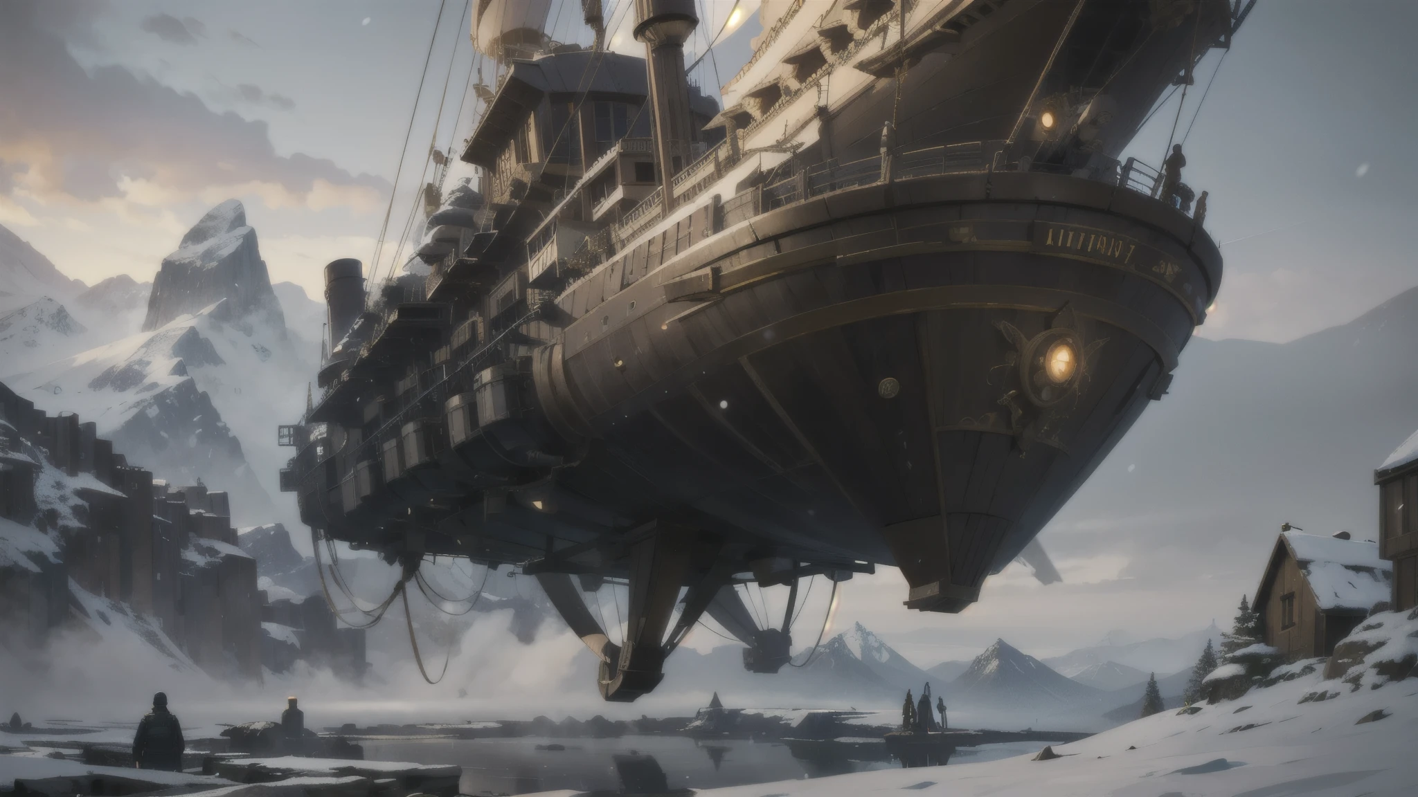 steampunk airship, early morning, snowy mountains, depth of field, blurry background
