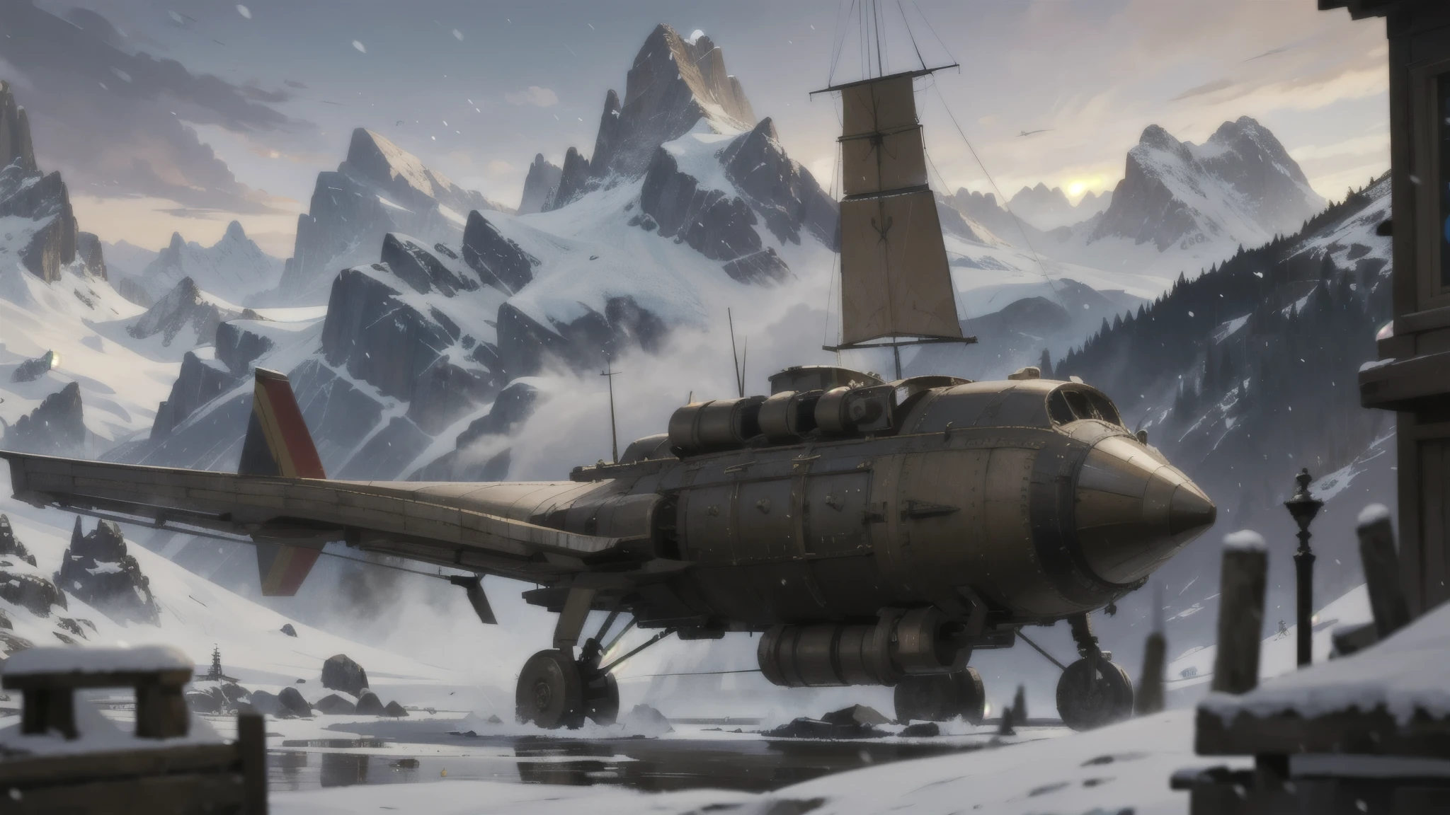 steampunk airship, early morning, snowy mountains, depth of field, blurry background
