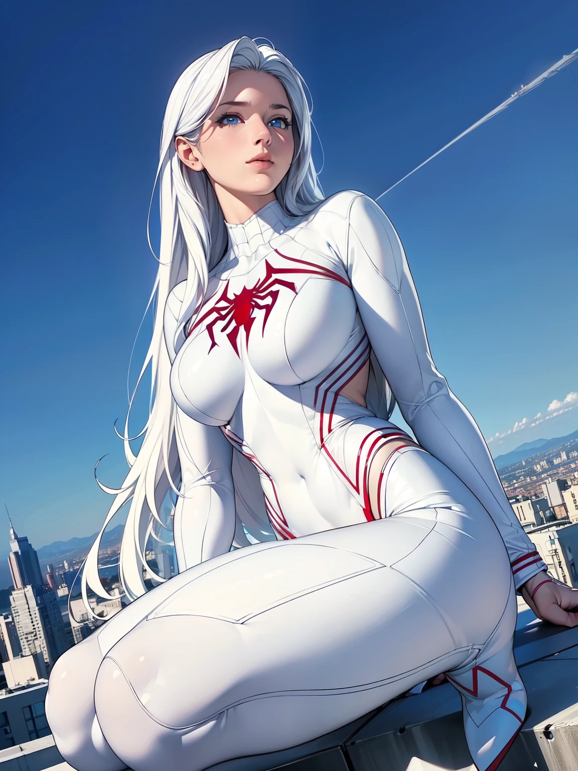 (masterpiece, 4K resolution, Ultra-realistic, Very detailed), (White costume superhero theme, Charismatic, Girl on top of the city, Wearing a white Spiderman costume, Super Heroine), [((23 years old), (Long white hair:1.2), whole body, (blue eyes:1.2), (Spiderman&#39;s Dynamic Pose) ((shortage々New urban environment):0.8)| (Cityscape, at night, Dynamic Light), (full moon))]