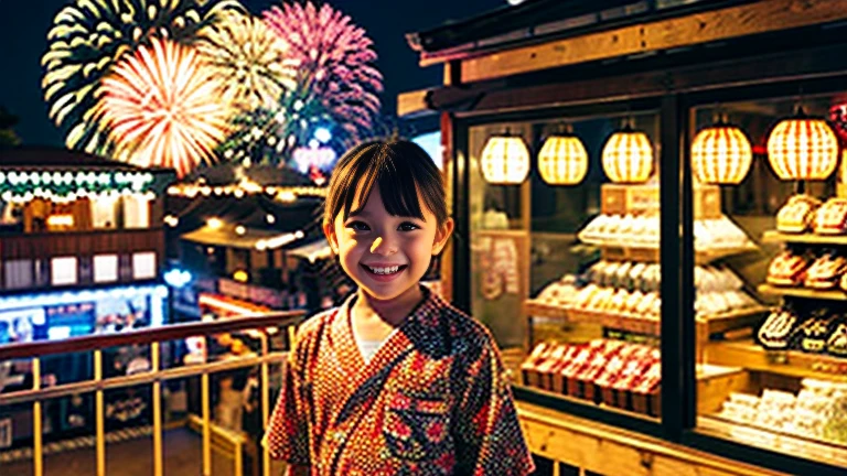 Countryside summer festival、Gion Festival、Opening a store、stall、firework、firework大会、The kids、Cute  