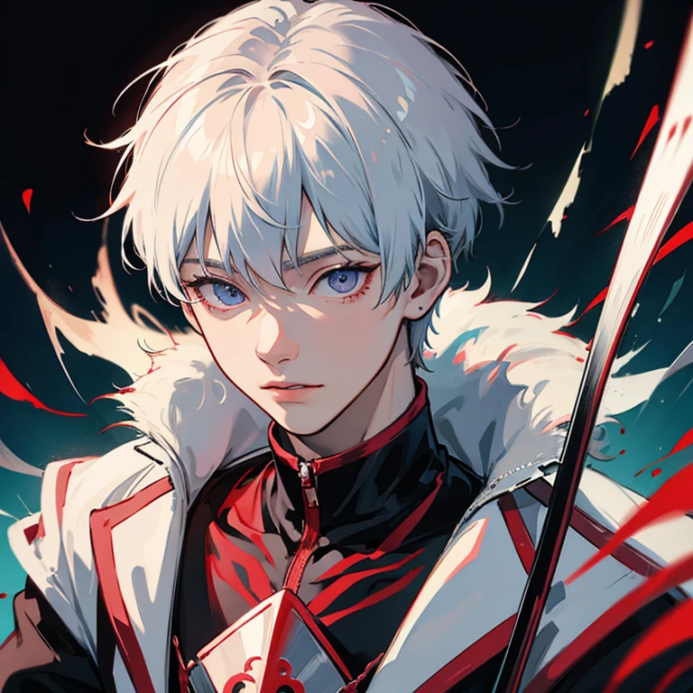 Adult, Cool Boy, gojo satoru, Jujutsu kaisen, (masterpiece:1.2、highest quality), (Exquisite eyes: 1.2), (Detailed Background、Dark fantasy), (handsome detailed face), High Contrast, (Best lighting、Very delicate and cool), ((Cinema Lighting) )), colorful, Hyper Detail, Dramatic Light, Intricate details, blue moon behind (35 years old, 1 boy, solo, white short hair, white hair, Sharp Face, blue eyes, white hair between the blue eyes, messy hair, Dynamic Angle), (Blood splatter:1.4), Black light swirling around the character, Depth of written boundary, blue light particles, Nightcore, black magician, Spectacular anime style, zerochan art, Anime Wallpaper, Burning, High quality anime art style, Key Anime Art