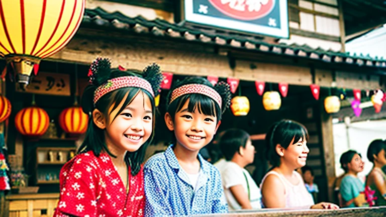 Countryside summer festival、Gion Festival、Opening a store、stall、firework、firework大会、The kids、Cute  