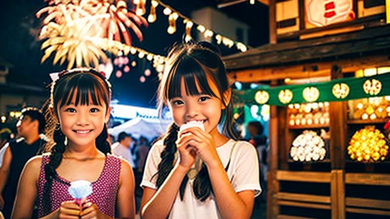 Countryside summer festival、Gion Festival、Opening a store、stall、firework、firework大会、The kids、Cute  