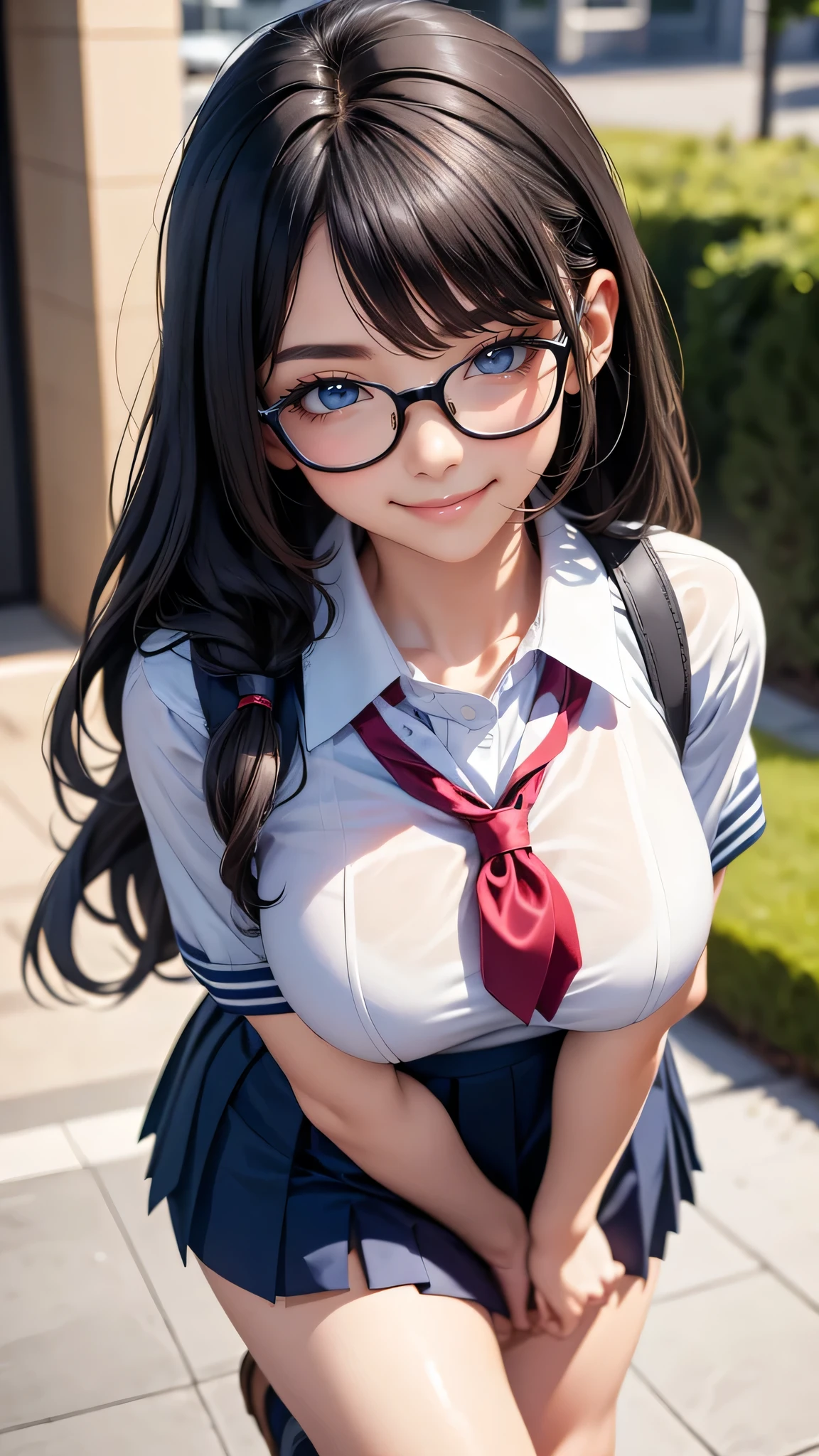 looking at viewer,high school girl,leaning forward,(random school uniform),(random Lively pose),(Thin type),(large breasts),(random hairstyle),(Highest image quality, (8K), Ultra-realistic, Best Quality, High quality, High Definition, high quality texture, high detailing, Beautiful detailed, fine detailed, extremely details CG, Detailed texture, realistic representation of face, masterpiece, presence),(wearing glasses:1.1)