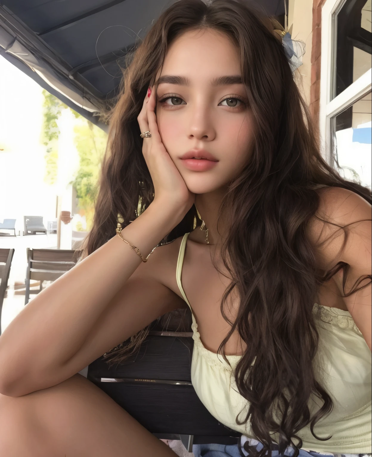 Mujer sentada en un banco con la mano en la cara, ella tiene la piel color oliva, hermosa cara latina, Retrato de Sophie Mudd, Bella Poarca, cabello ondulado sin maquillaje, pele clara, hermosa joven modelo, Plantilla de Instagram, zoe kravitz, linda mujer, hermosa modelo, linda linda mujer, hermosa dama, hermoso rostro, Cara muy bonita