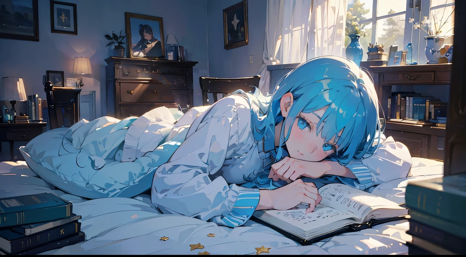 masterpiece, best quality, (alone focus), (perfect face:1.1), (high detail:1.1), (very detailed eyes), (star shaped eyes) )A girl with long pastel blue hair is sleeping on a cozy white bed. There are books spread out on the bed. The room is dark, but it should have a warm and cozy night atmosphere. (Beautiful Girl)(whole body)