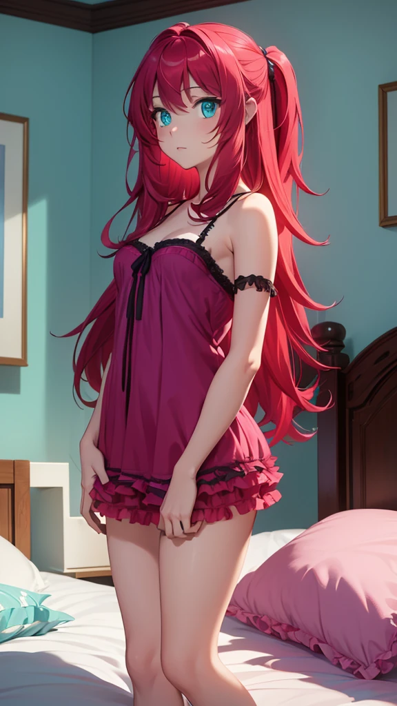 ((best quality)), ((masterpiece)), (detailed), perfect face, perfect budy, 1girl, red long hair, cyan eyes, purple clear camisole, ((frilly camisole)), the girl lying on the bed, Seeing the girl from the front, bed background