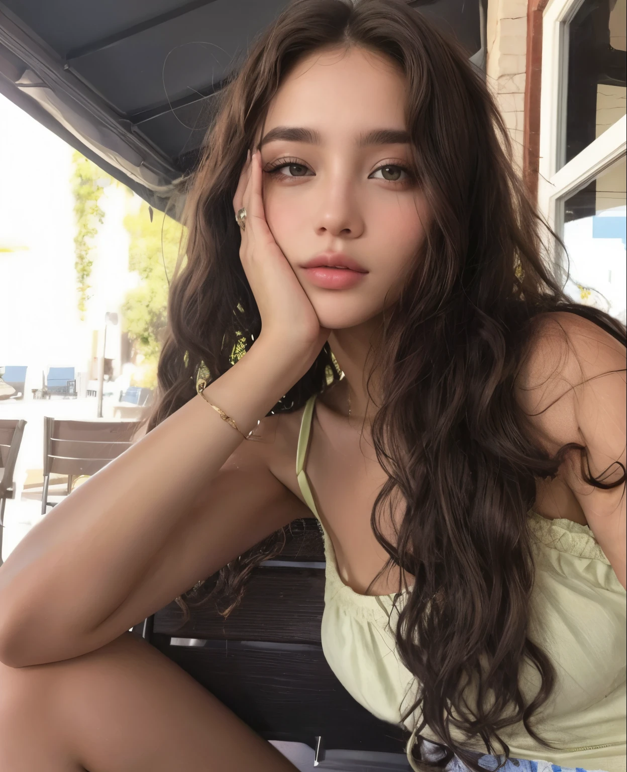 Mujer sentada en un banco con la mano en la cara, ella tiene la piel color oliva, hermosa cara latina, Retrato de Sophie Mudd, Bella Poarca, cabello ondulado sin maquillaje, pele clara, hermosa joven modelo, Plantilla de Instagram, zoe kravitz, linda mujer, hermosa modelo, linda linda mujer, hermosa dama, hermoso rostro, Cara muy bonita