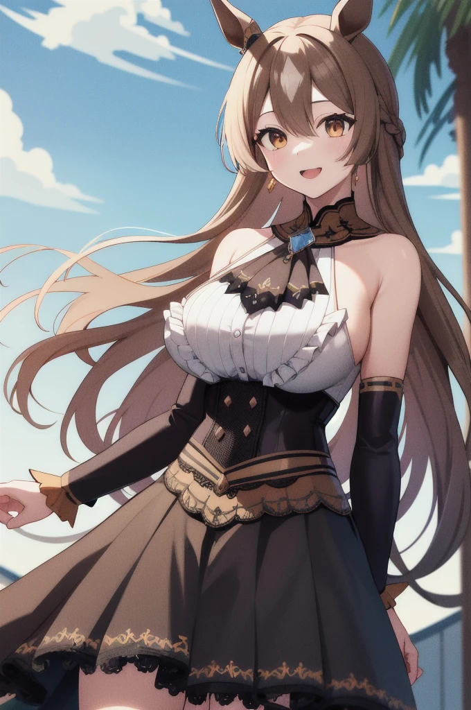 masterpiece, highest quality, High resolution, Asato, Long Hair, Half Up, Braiding, Hair between the eyes, Animal ears, earrings, Horse tail, chest, Frills, Black Ascot, Cowboy Shot, Are standing, Outdoor, smile, Open your mouth,Black Dress,chestの谷間,Exposed shoulders,Big Tits
