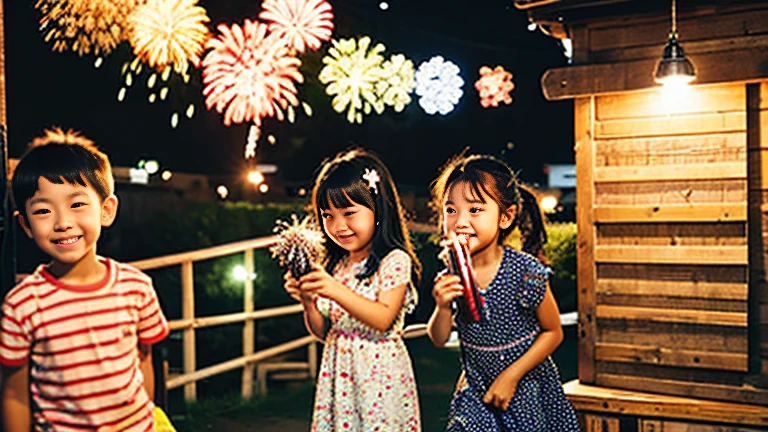 Countryside summer festival、Gion Festival、Opening a store、stall、firework、firework大会、The kids、Cute kids 