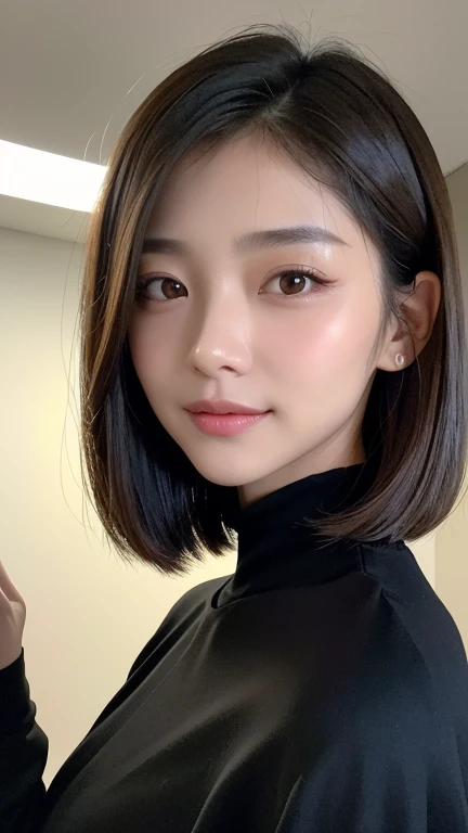 (((Close-up of face)))、(((Absolutely shoulder-length brown straight short bob)))、(((She is posing like a hair salon model, with a black wall indoors as the background.)))、(((Casual black winter long sleeve outfit)))、Half Japanese, half Korean、18 year old girl、Standing Alone、Looking forward、Light eye makeup、Brown Hair Color、Flat and 、Hair blowing in the wind、Actress Quality、Glossy, ultra-realistic face、Smiling face、Watery eyes、Gazing Up、Subtle lighting effects、 Ultra-Realistic Capture、Very detailed、High resolution 16K close up of human skin。Skin texture must be natural、The details must be such that pores can be clearly seen、The skin is healthy、Uniform tone、Use natural light and colors、A worn-out, high-quality photo taken by a model agency&#39;s in-house photographer.、smile、(((SIGMA 300 mm F/1.4,1/1000 sec shutter,ISO 400)))