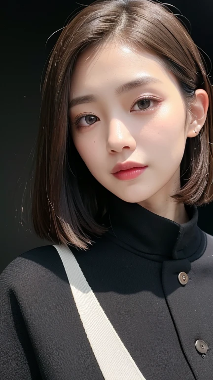 (((Close-up of face)))、(((Absolutely shoulder-length brown straight short bob)))、(((She is posing like a hair salon model, with a black wall indoors as the background.)))、(((Casual black winter long sleeve outfit)))、Half Japanese, half Korean、18 year old girl、Standing Alone、Looking forward、Light eye makeup、Brown Hair Color、Flat and 、Hair blowing in the wind、Actress Quality、Glossy, ultra-realistic face、Smiling face、Watery eyes、Gazing Up、Subtle lighting effects、 Ultra-Realistic Capture、Very detailed、High resolution 16K close up of human skin。Skin texture must be natural、The details must be such that pores can be clearly seen、The skin is healthy、Uniform tone、Use natural light and colors、A worn-out, high-quality photo taken by a model agency&#39;s in-house photographer.、smile、(((SIGMA 300 mm F/1.4,1/1000 sec shutter,ISO 400)))
