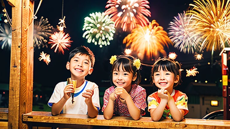 Countryside summer festival、Gion Festival、Opening a store、stall、firework、firework大会、The kids、Cute kids 