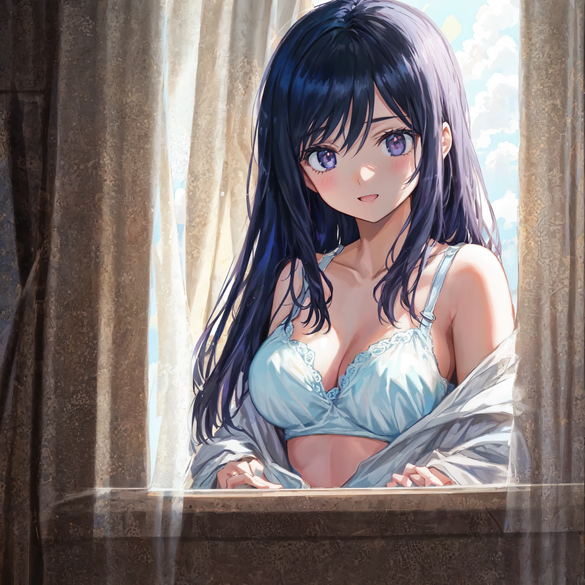 Beautiful illustrations, highest quality, pretty girl,{{From below}},high school girl,{{{Change of clothes}}},Happy,break,{Black Hair}},Torn,break,{{Through the window}},{{Beautiful Eyes 1:4}},{{Looking into the distance}},,Beautiful medium to large breasts 1:4,high school girl