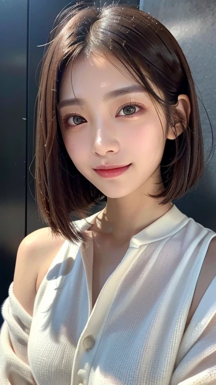 (((Close-up of face)))、(((Absolutely shoulder-length brown straight short bob)))、(((She is posing like a hair salon model, with a black wall indoors as the background.)))、(((Casual black winter long sleeve outfit)))、Half Japanese, half Korean、18 year old girl、Standing Alone、Looking forward、Light eye makeup、Brown Hair Color、Flat and 、Hair blowing in the wind、Actress Quality、Glossy, ultra-realistic face、Smiling face、Watery eyes、Gazing Up、Subtle lighting effects、 Ultra-Realistic Capture、Very detailed、High resolution 16K close up of human skin。Skin texture must be natural、The details must be such that pores can be clearly seen、The skin is healthy、Uniform tone、Use natural light and colors、A worn-out, high-quality photo taken by a model agency's in-house photographer.、smile、(((SIGMA 300 mm F/1.4,1/1000 sec shutter,ISO 400)))