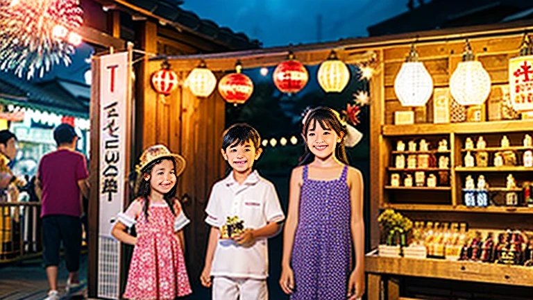 Countryside summer festival、Gion Festival、Opening a store、stall、firework、firework大会、The kids、Cute kids 