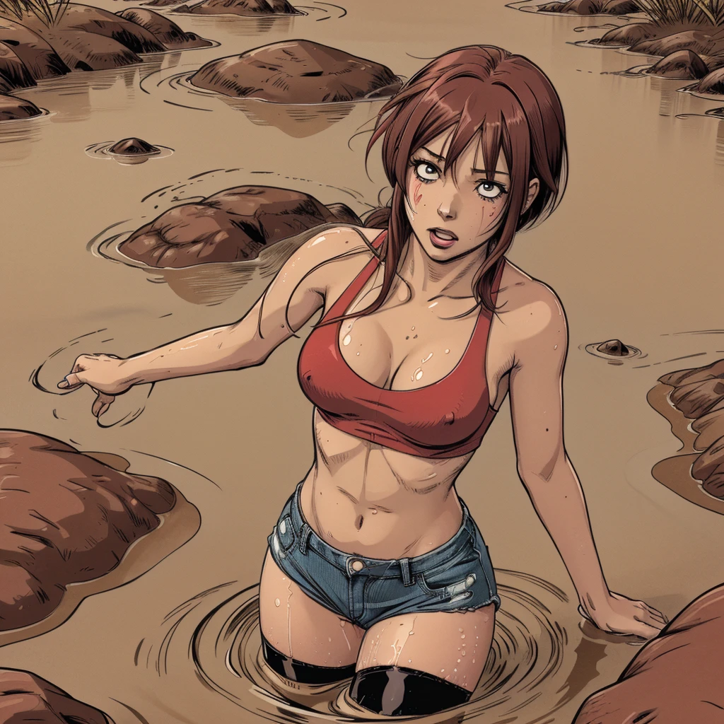 vector image, anime, junior girl, gloomy orgasm,blush, red,black stockings with garters,,denim shorts, crop-top,drowned in quicksand bog,red