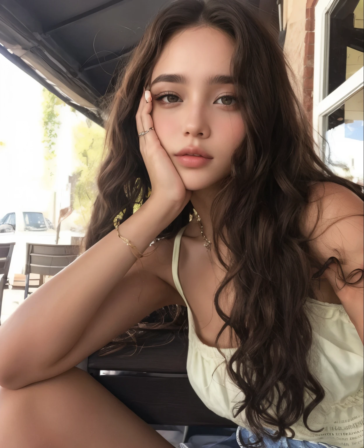 Mujer sentada en un banco con la mano en la cara, ella tiene la piel color oliva, hermosa cara latina, Retrato de Sophie Mudd, Bella Poarca, cabello ondulado sin maquillaje, pele clara, hermosa joven modelo, Plantilla de Instagram, zoe kravitz, linda mujer, hermosa modelo, linda linda mujer, hermosa dama, hermoso rostro, Cara muy bonita