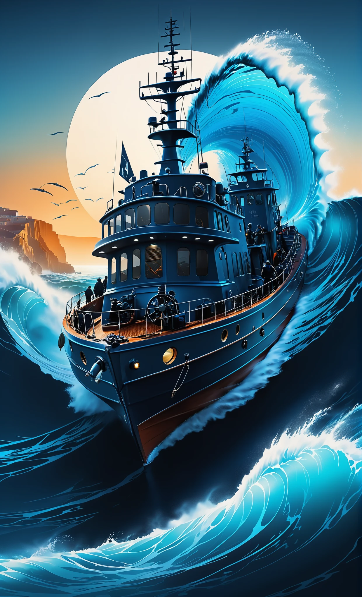 Nazare Nautica vol.2 - Fishing cutters and deep divers, by Luis Duarte, Nanopunk, blue shading, Nazare style, Element Water, Mythpunk, Graphic Interface, Space Art, Sci-Fic Art, Dark Influence, NijiExpress 3D v3, Kinetic Art, Datanoshing, Oilpainting, Ink v3, Splash style, Abstract Art, Abstract Tech, Cyber Tech Elements, Futuristic, Epic style, Illustrated v3, Deco Influence, AirBrush style, drawing