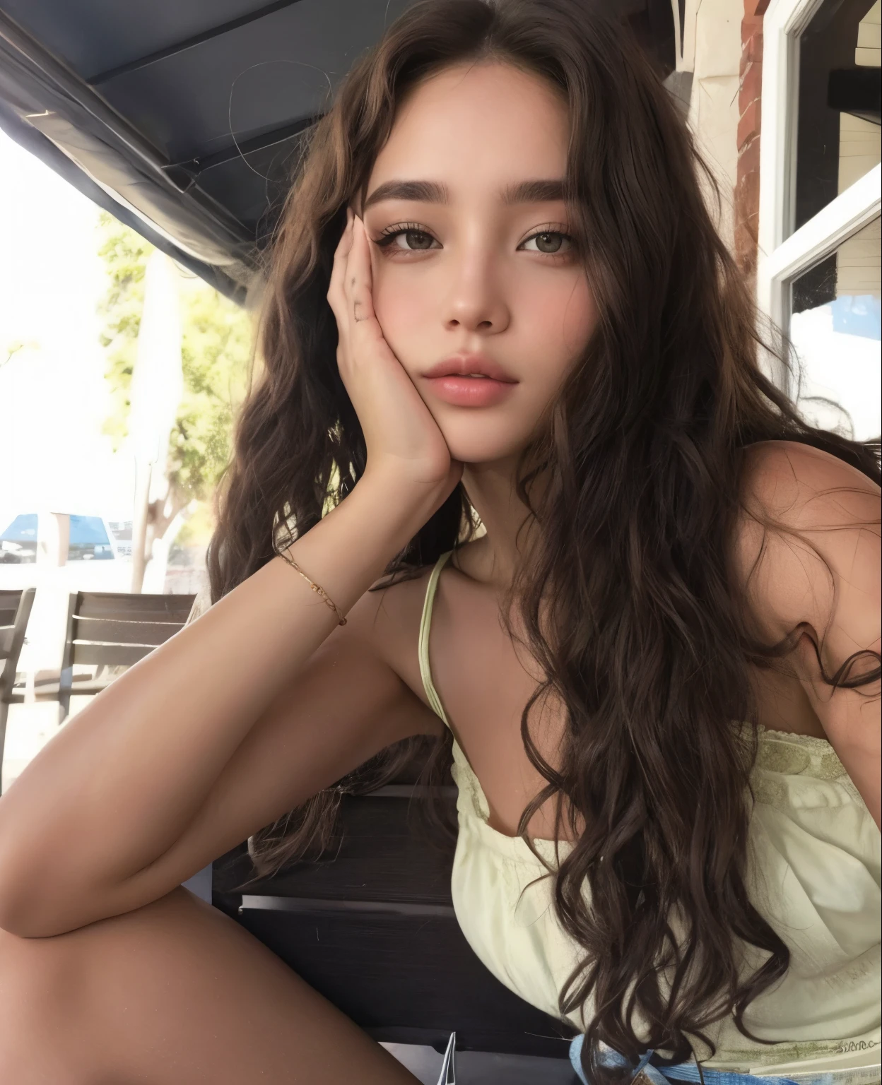 Mujer sentada en un banco con la mano en la cara, ella tiene la piel color oliva, hermosa cara latina, Retrato de Sophie Mudd, Bella Poarca, cabello ondulado sin maquillaje, pele clara, hermosa joven modelo, Plantilla de Instagram, zoe kravitz, linda mujer, hermosa modelo, linda linda mujer, hermosa dama, hermoso rostro, Cara muy bonita