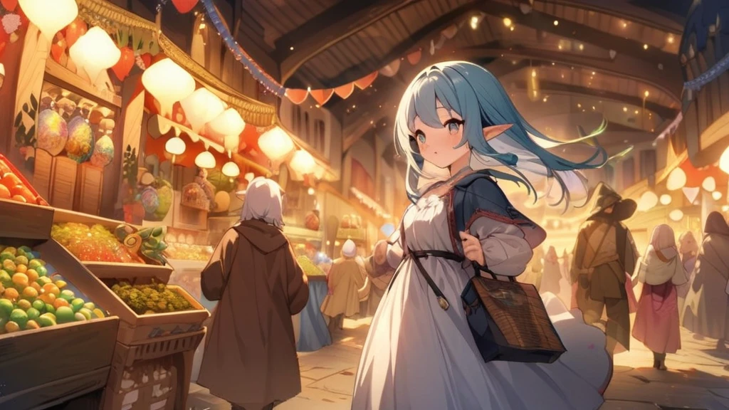(masterpiece, highest quality:1.2), Perfect Face、Very detailed、Medieval Fantasy、In the magic market、A lively atmosphere spreads。The tents and stalls are packed with colorful magical items and everyday items.、Fairies and elves are full of energy。The story depicts the main character, a wizard, shopping with his fellow adventurers.。The whole market is enveloped in a magical glow.、There is a fun atmosphere。