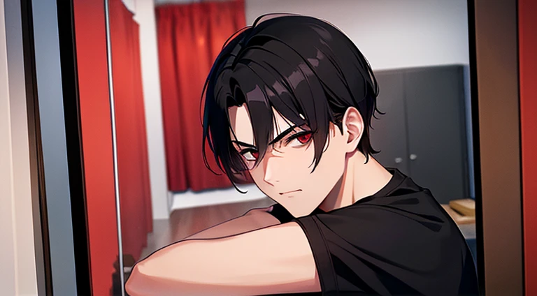 estilo manga, Serious 20 year old boy, cabello negro con rojo semi largo, ojos cafe oscuro semi rasgados, ropa deportiva oscura, poco musculoso, fondo dormitorio