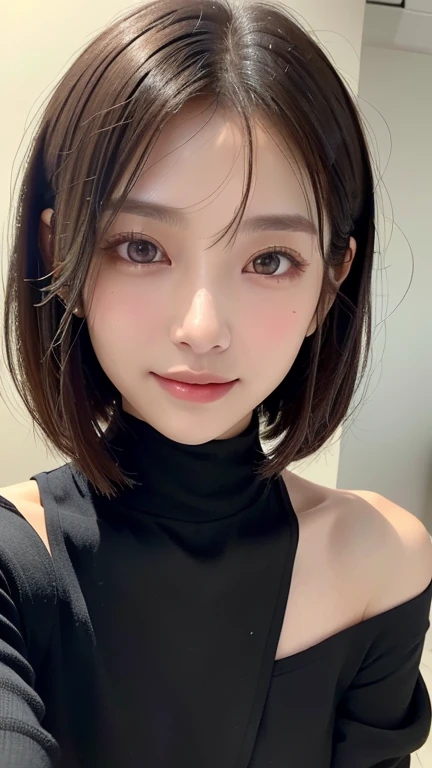 (((Close-up of face)))、(((Absolutely shoulder-length brown straight short bob)))、(((She is posing like a hair salon model, with a black wall indoors as the background.)))、(((Casual black winter long sleeve outfit)))、Half Japanese, half Korean、18 year old girl、Standing Alone、Looking forward、Light eye makeup、Brown Hair Color、Flat and 、Hair blowing in the wind、Actress Quality、Glossy, ultra-realistic face、Smiling face、Watery eyes、Gazing Up、Subtle lighting effects、 Ultra-Realistic Capture、Very detailed、High resolution 16K close up of human skin。Skin texture must be natural、The details must be such that pores can be clearly seen、The skin is healthy、Uniform tone、Use natural light and colors、A worn-out, high-quality photo taken by a model agency&#39;s in-house photographer.、smile、(((SIGMA 300 mm F/1.4,1/1000 sec shutter,ISO 400)))

