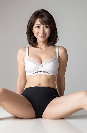 Masseter Film, highest quality, masterpiece, High resolution, realism, Original photo, 8k wallpaper, perfection, Professional Lighting, Very detailed, Written boundary depth, ((Beautiful woman in tiny underwear)), ((Sexy 40 year old women)),, ((smile)), Detailed face, Beautiful Eyes,, bangs, She has big breasts and a nice figure, (sexy look), Brown straight hair, (Thick lips), Skirt flip,Spread your legs,Spread your legsSquat,Photographed from the front,Squat