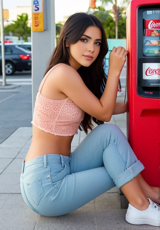 leaning on a coke machine in a restaurant, Daisy Dukes, En el mostrador, chica sexy con pantalones cortos, Teniente Greg Spalenka, Outside a salon, “gas station photography, vistiendo pantalones cortos de mezclilla, piernas jugosas, Bottom angle, foto de perfil, vestida con un top y pantalones cortos, tiro en pierna y muslo, chica con tema de refrescos, bonitas