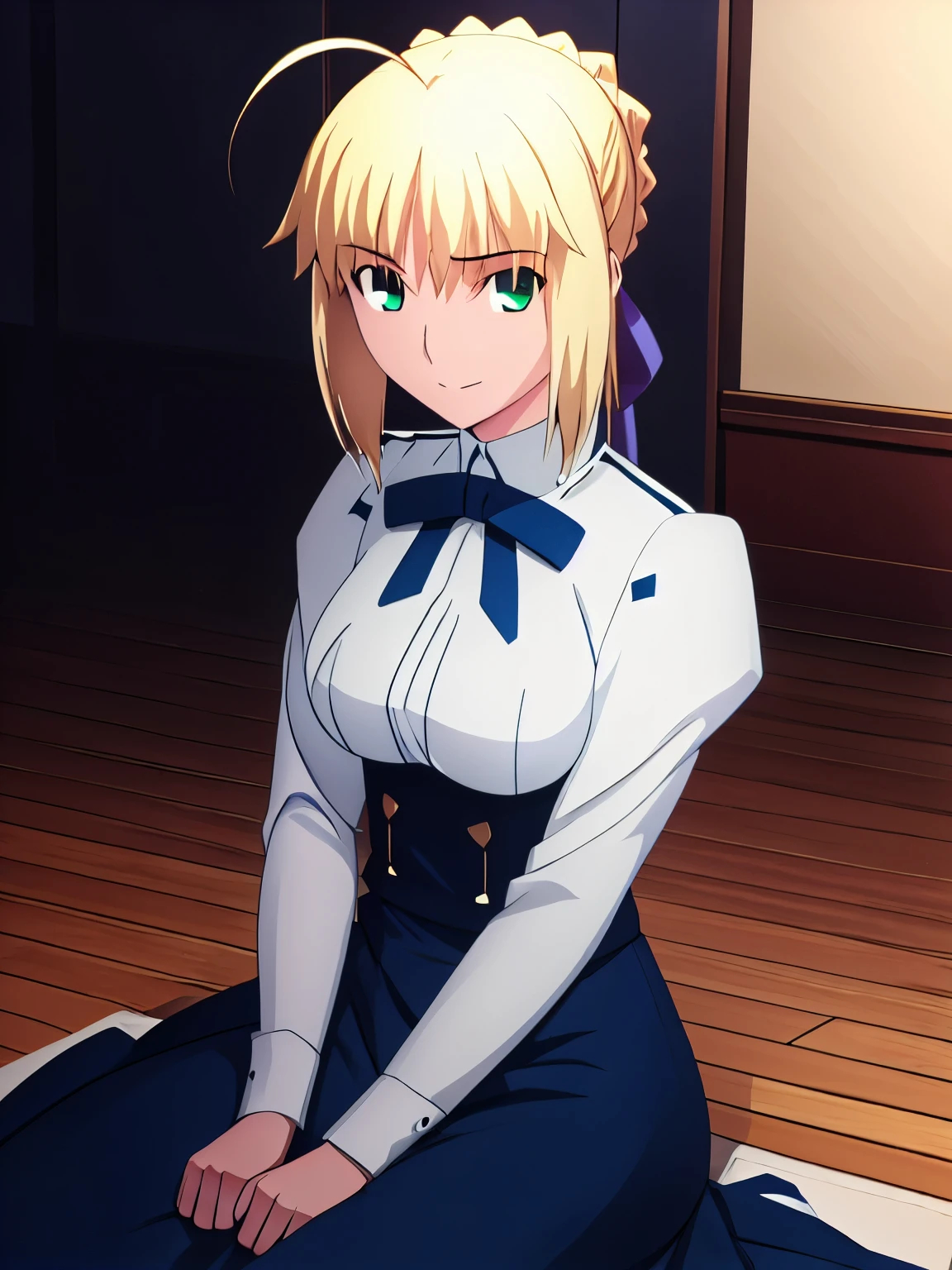 best quality, masterpiece, highres, details, realistic, ray_tracing_graphic, solo, adult_female, {saber_fatestaynightufotable:1.15}, blonde_hair, little_ahoge, green_eyes, blue_ribbon, 1girl, anime_coloring, full_body, kuudere_face, five_fingers, blush, little_smile, large_breasts, blue_business_suit, from_the_front, sit, bright_room, night_time, oily_skin, sturdy_body, glowing_eyes